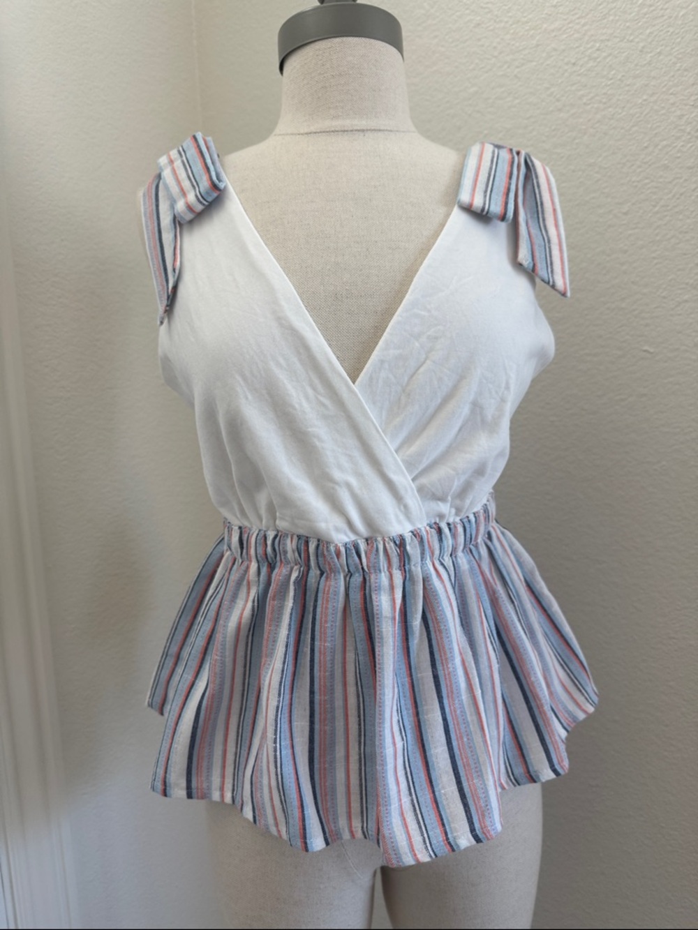 Anthropologie Dolan Left Coast Collection White & Striped V-neck Peplum Tank Top